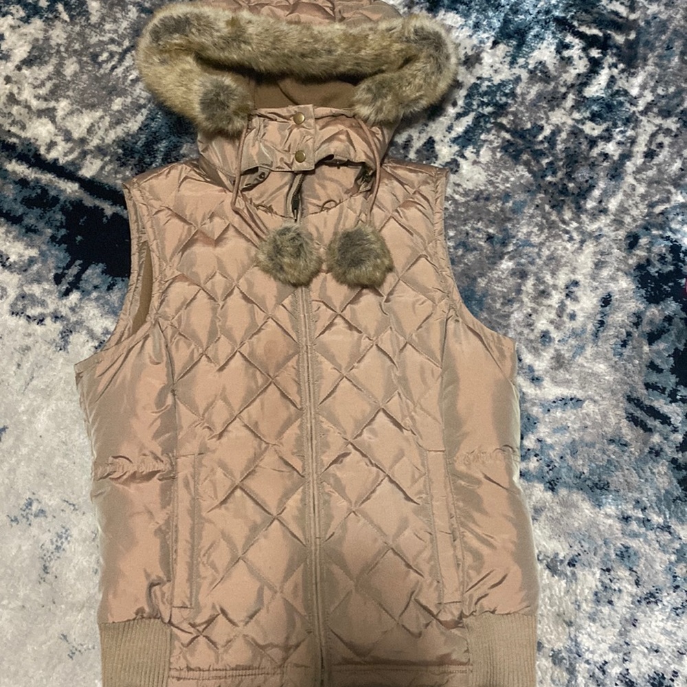 Ann Taylor Loft Gold Puffy Vest with Faux Fur Detachable Hood